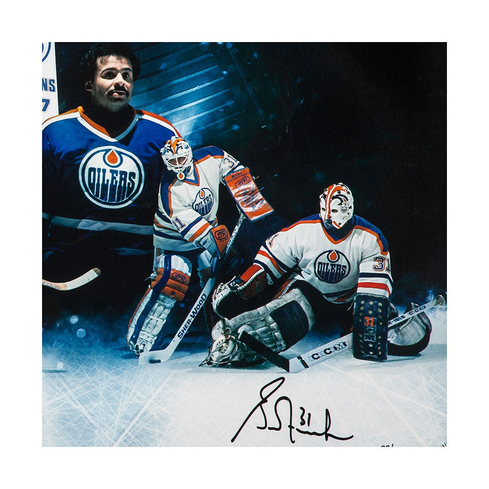 WAYNE GRETZKY, PAUL COFFEY and GRANT FUHR Autographed Edmonton Oilers 36 x 18 “Outstanding Oilers”Inscribed Photo UDA LE 50