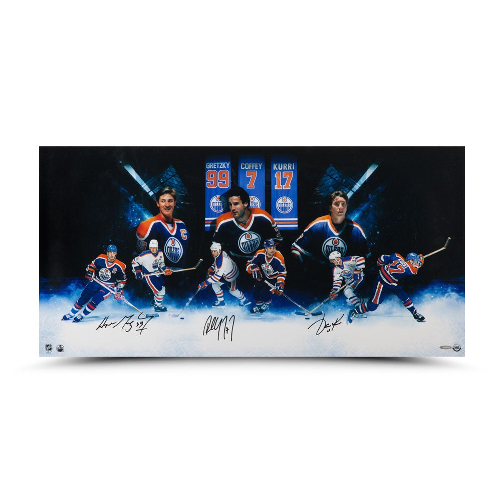 WAYNE GRETZKY, PAUL COFFEY and JARI KURRI Autographed "Oilers"® Greats” 36 x 18 Photo UDA