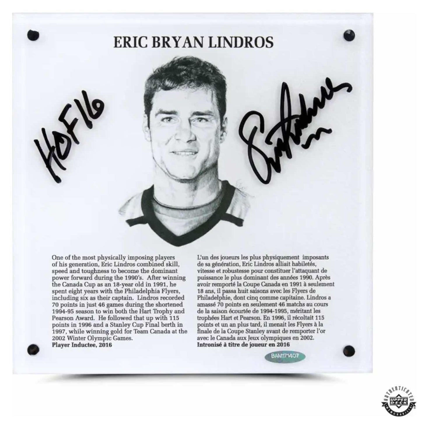 ERIC LINDROS Autographed & Inscribed “Hockey Hall of Fame” 9x9 Plaque UDA