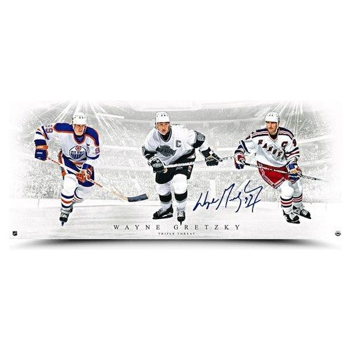 WAYNE GREZKY Hand Signed Edmonton Oilers "Triple Threat" 36" x 15" Photo UDA