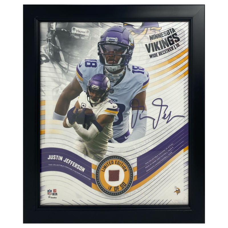 Justin Jefferson Vikings Framed 15" x 17" Game Used Football Collage LE 18/50
