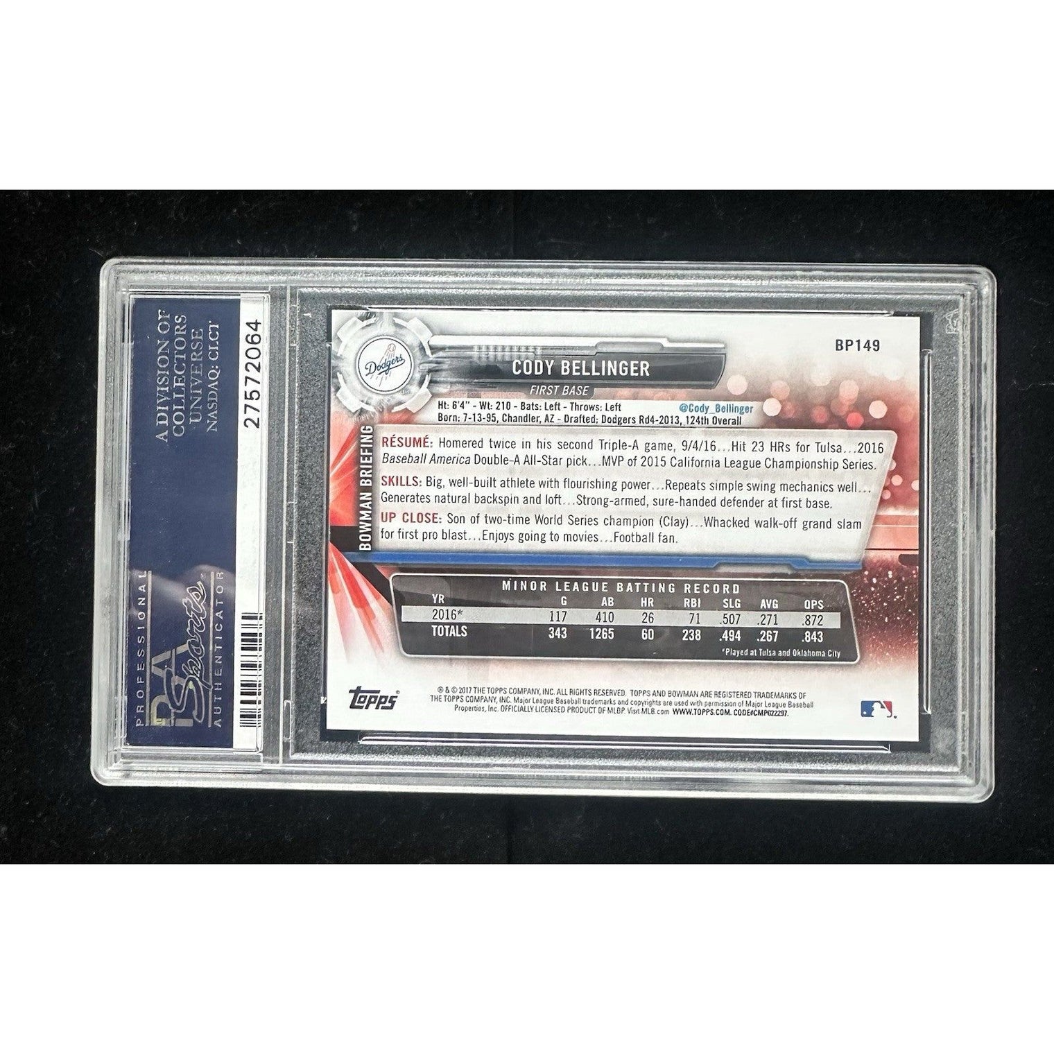 2017 Bowman #BP149 Cody Bellinger Los Angeles Dodgers - PROSPECTS - PSA 10