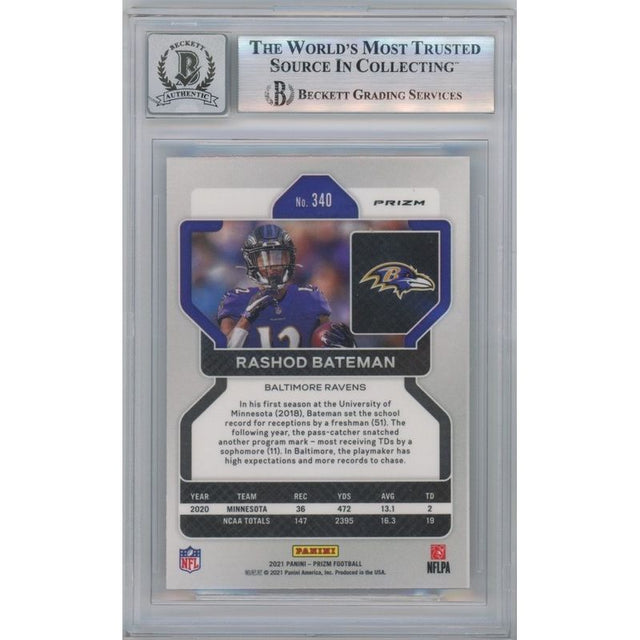 Rashod Bateman Autographed 2021 Panini Prizm RC Card #340 Ravens Beckett 10