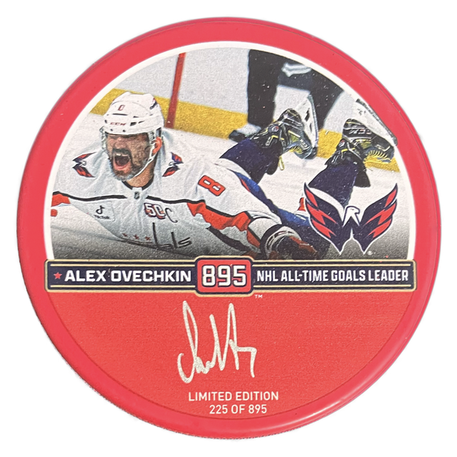 Alexander Ovechkin Autographed Washington Capitals 895th Goal Red Hockey Puck LE 895 Fanatics