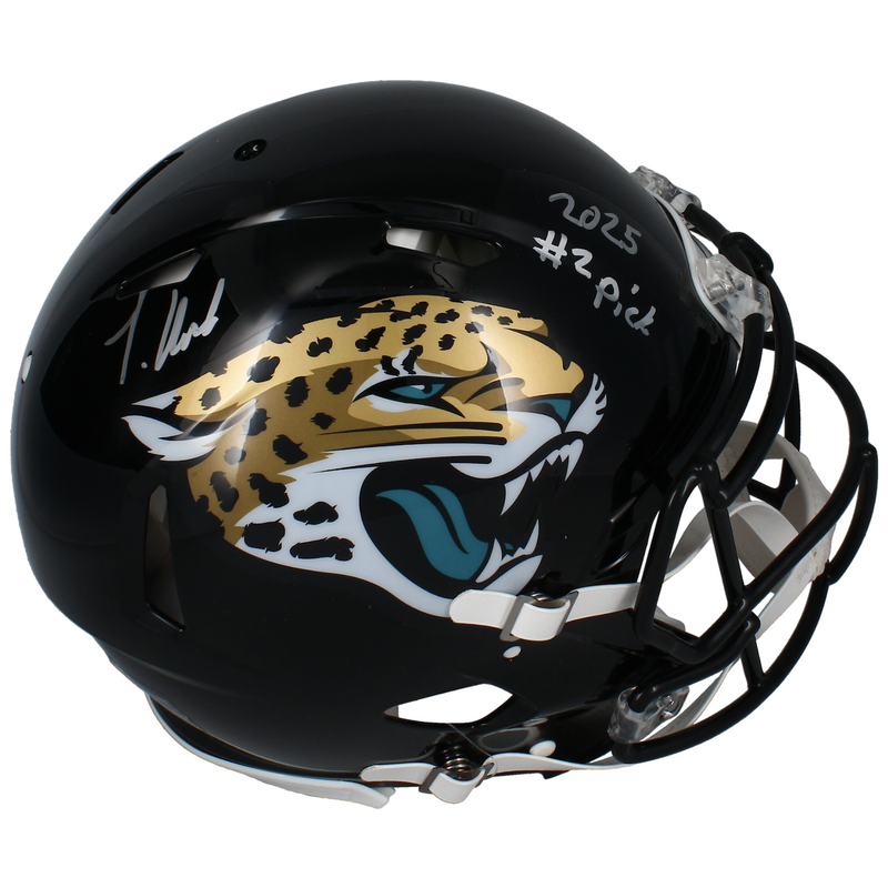 Travis Hunter Autographed "2025 #2 Pick" Jaguars Authentic Speed Helmet Fanatics