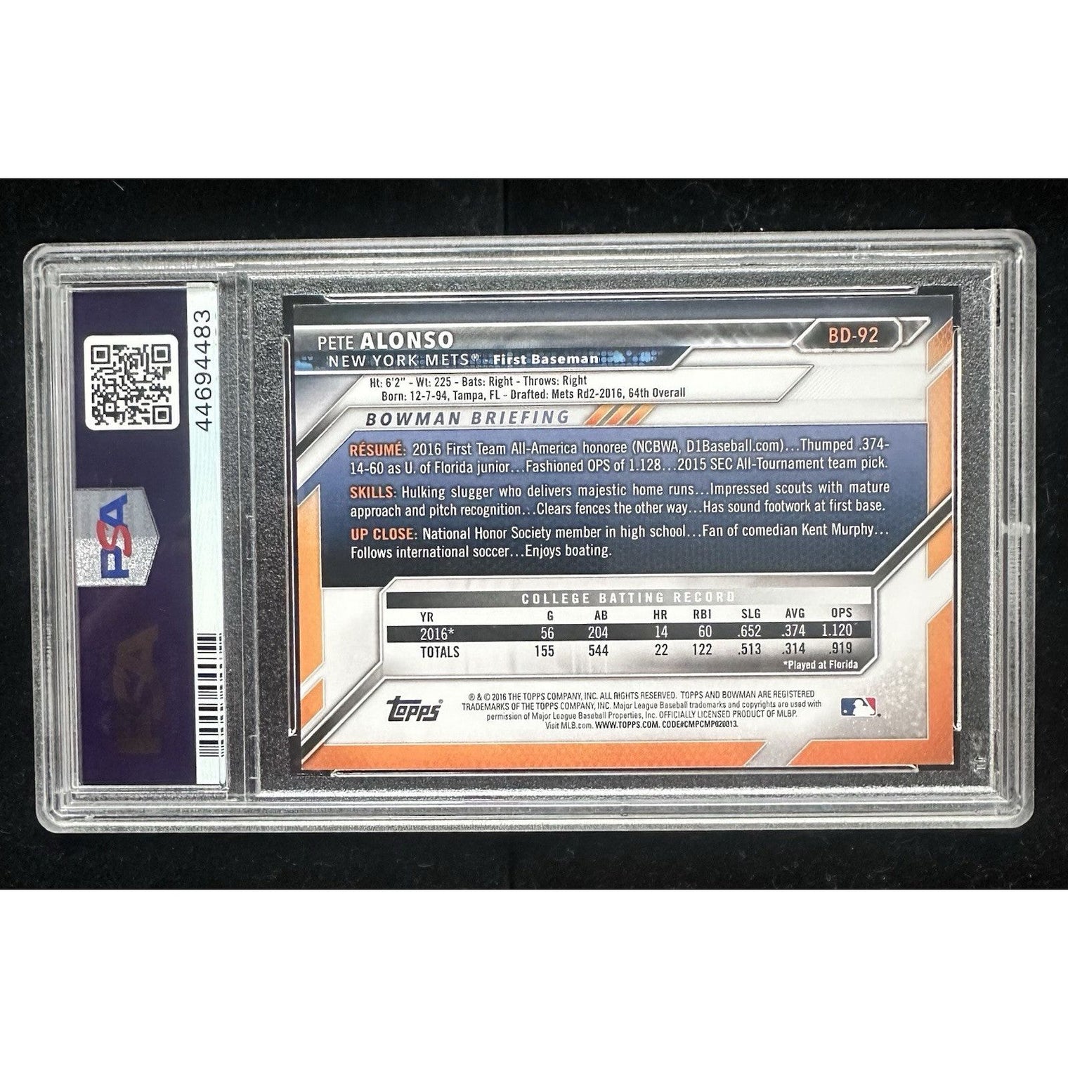 2016 Bowman Draft #BD92 PETE ALONSO New York Mets ROOKIE PSA 9