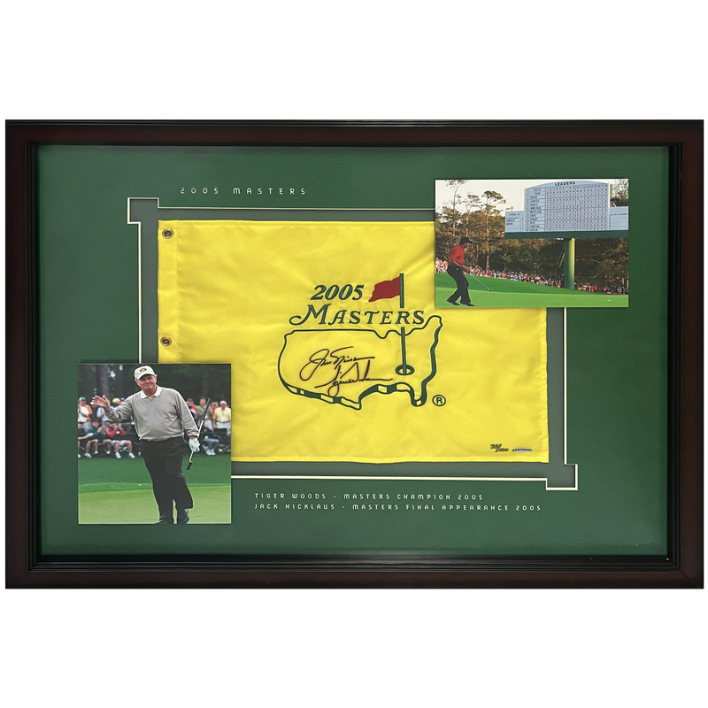 Tiger Woods / Jack Nicklaus Autographed Framed 2005 Masters Flag UDA LE 100