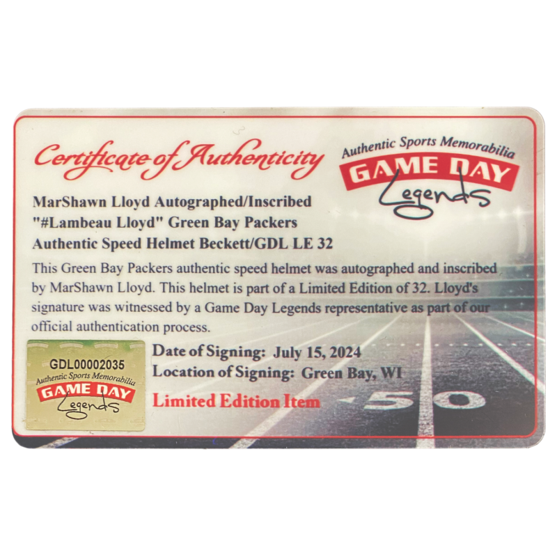 MarShawn Lloyd Autographed "#Lambeau Lloyd" Speed Helmet Beckett / GDL LE 32