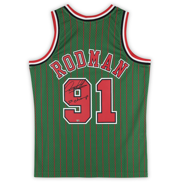 Dennis Rodman Autographed Chicago Bulls "5x Champ" Green Pinstripe Authentic Jersey Fanatics
