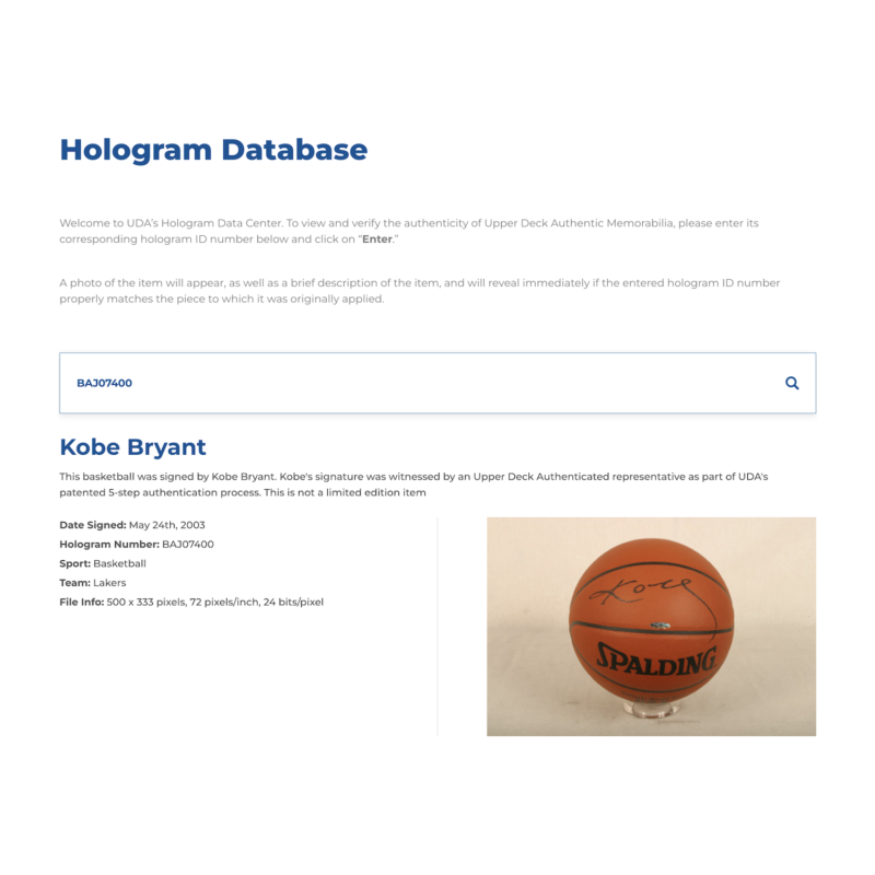 Kobe Bryant Autographed Los Angeles Lakers Official Game Basketball UDA