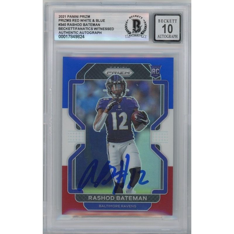 Rashod Bateman Autographed 2021 Panini Prizm RC Card #340 Ravens Beckett 10