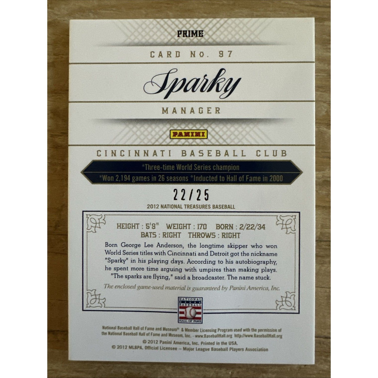 2012 Panini National Treasures Prime 22/25 Sparky Anderson Cincinnati Reds #97 HOF Game Used