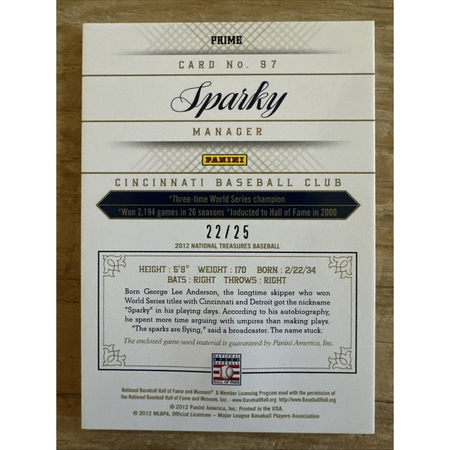 2012 Panini National Treasures Prime 22/25 Sparky Anderson Cincinnati Reds #97 HOF Game Used