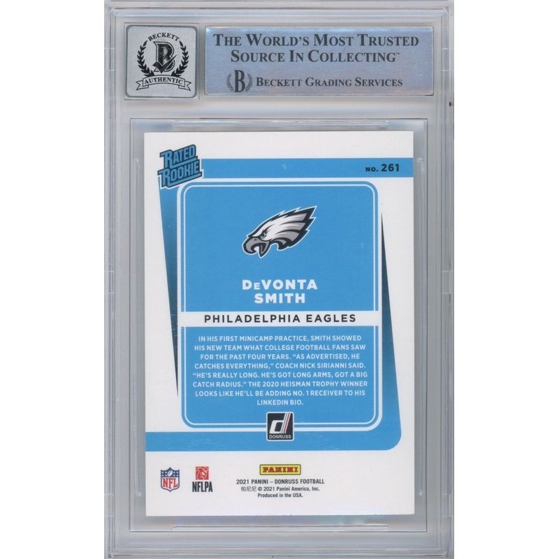 Devonta Smith Autographed Philadelphia Eagles 2021 Donruss Rated Rookie RC Card #261 Eagles BAS 9