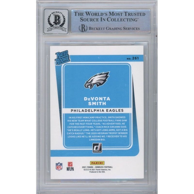 Devonta Smith Autographed Philadelphia Eagles 2021 Donruss Rated Rookie RC Card #261 Eagles BAS 9