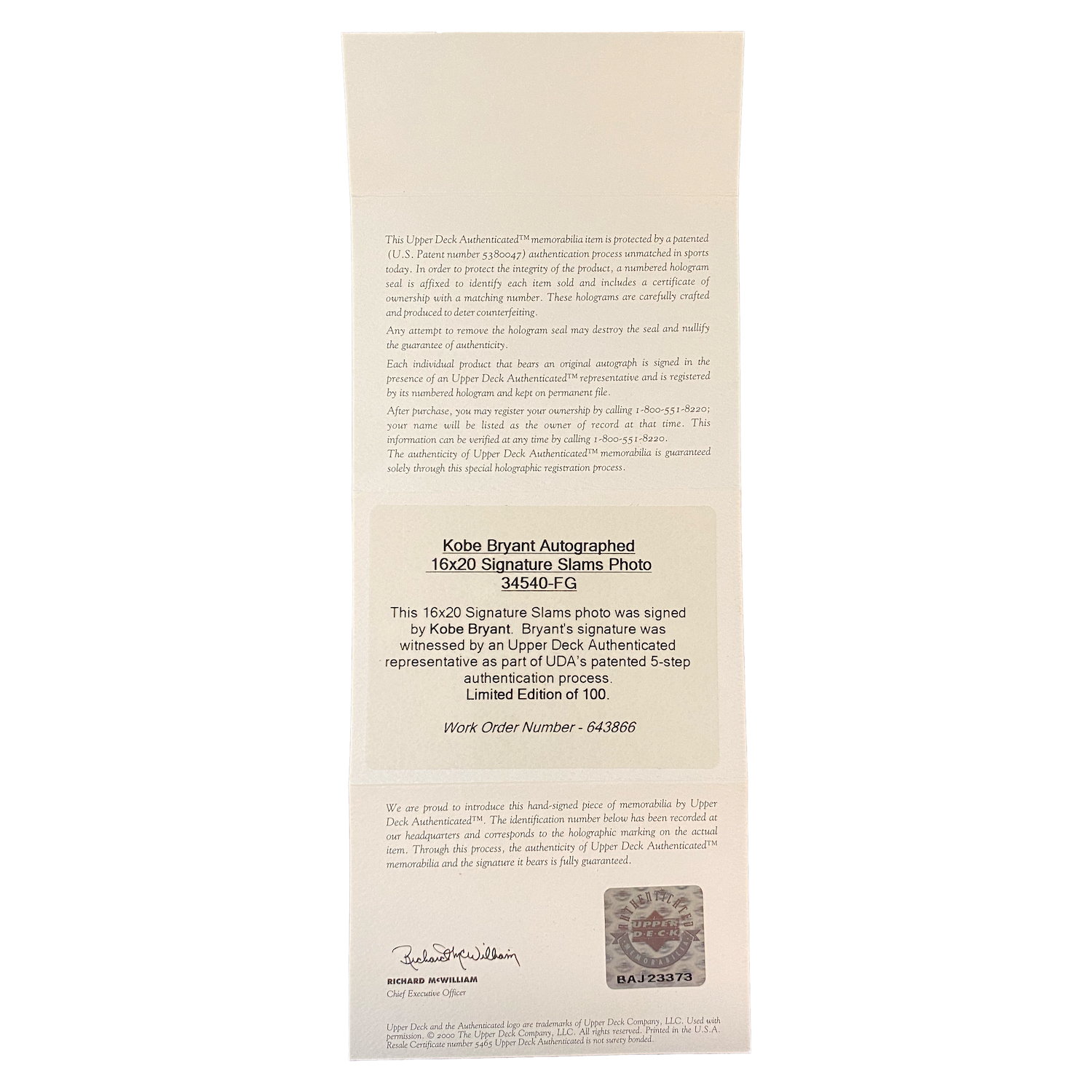 Kobe Bryant Autographed "Signature Slam" 16" x 20" Framed Photo UDA LE 8/100