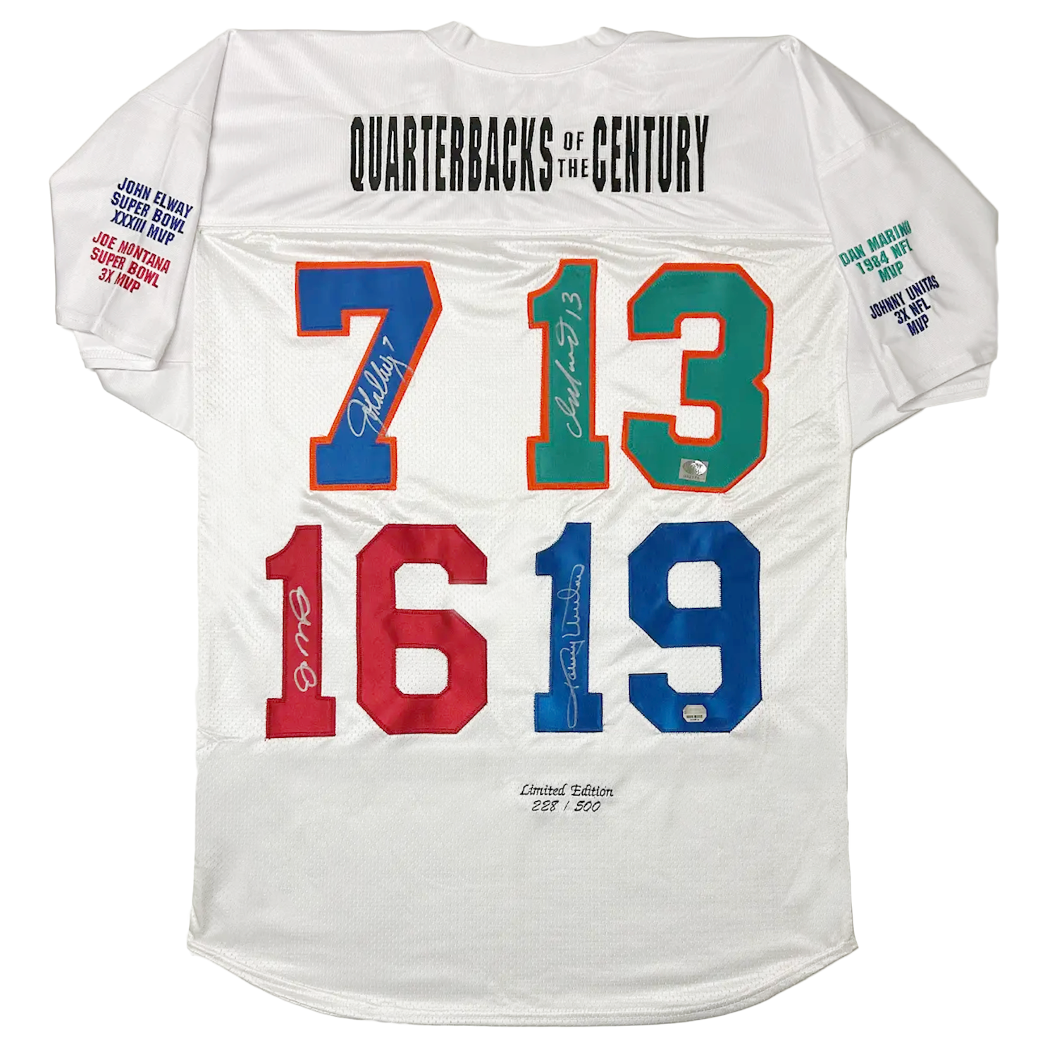 John Elway, Dan Marino, Joe Montana & Johnny Unitas Multi-Autographed Quarterbacks of the Century Jersey Mounted Memories LE 500