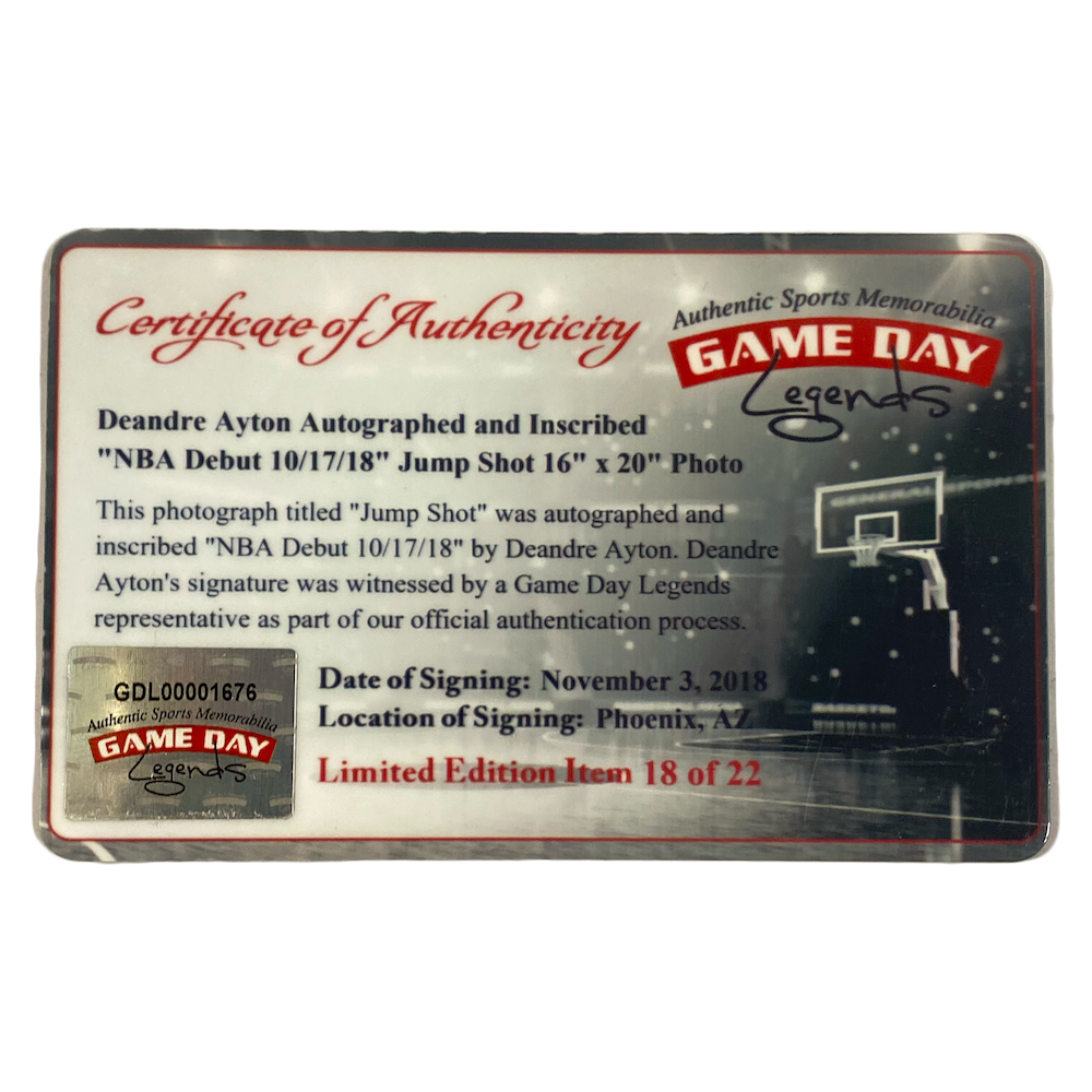 DEANDRE AYTON Autographed Phoenix Suns "NBA Debut 10/17/18" 16" x 20" Photograph GDL LE 18/22