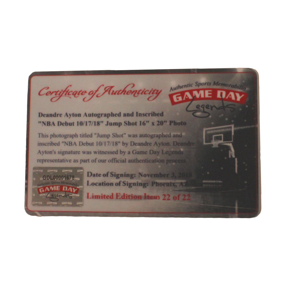 DEANDRE AYTON Autographed Phoenix Suns "NBA Debut 10/17/18" 16" x 20" Photograph GDL LE 22/22