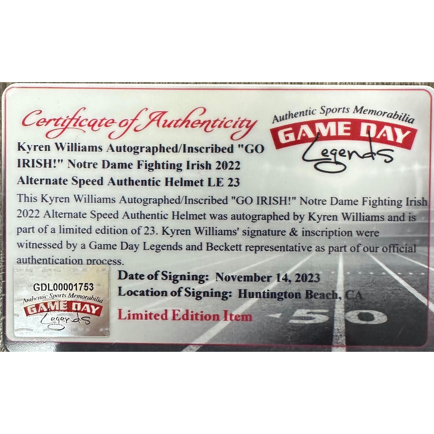 Kyren Williams Autographed "Go Irish" Alternate Authentic Helmet Beckett LE 1/23