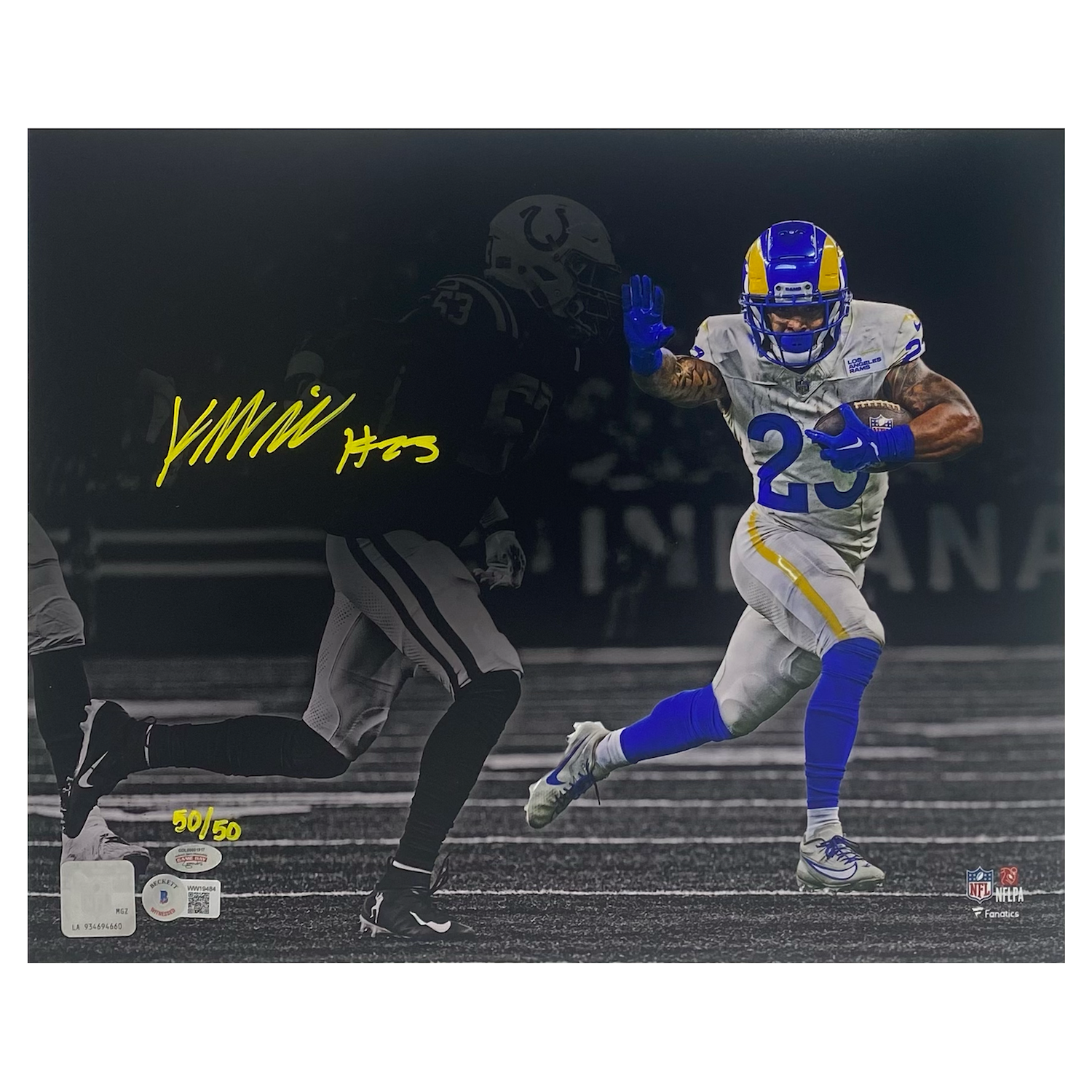 Kyren Williams Autographed Rams "Stiff Arm" 11" x 14" Photo Beckett GDL LE 50/50