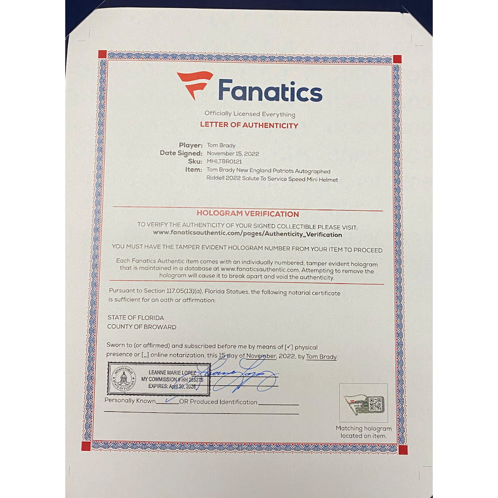 TOM BRADY Autographed Patriots Salute to Service Mini Speed Helmet FANATICS