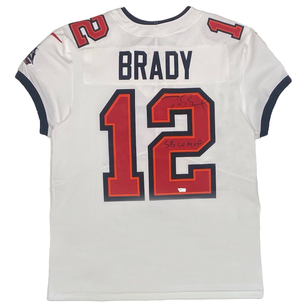 TOM BRADY Autographed "SB LV MVP" White Buccaneers Nike Elite Jersey FANATICS