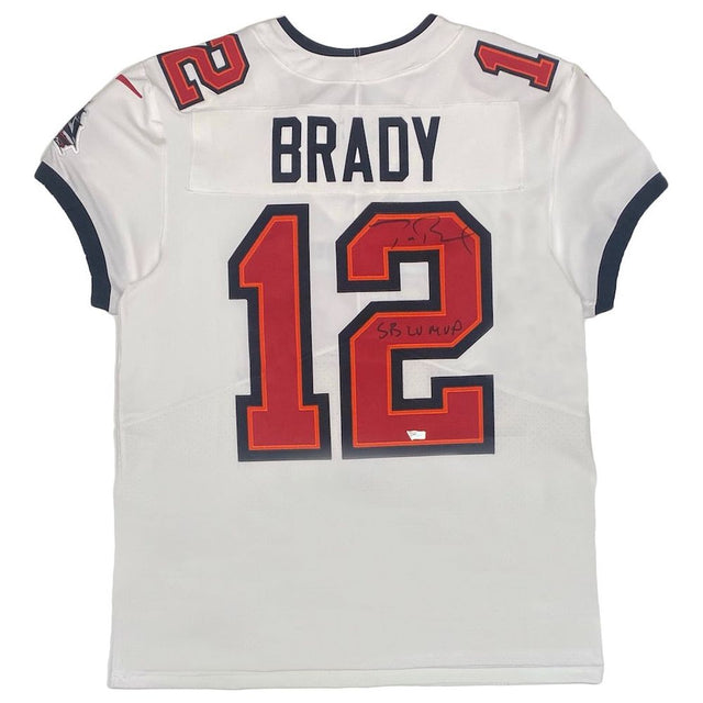 TOM BRADY Autographed "SB LV MVP" White Buccaneers Nike Elite Jersey FANATICS