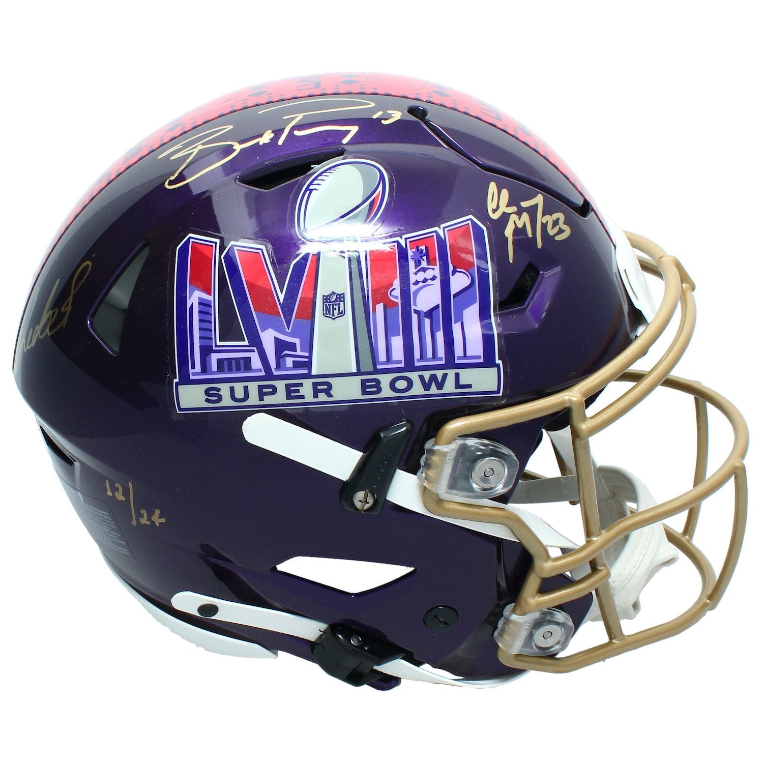 Brock Purdy, Deebo, & McCaffrey Autographed SB Logo Flex Helmet Fanatics LE