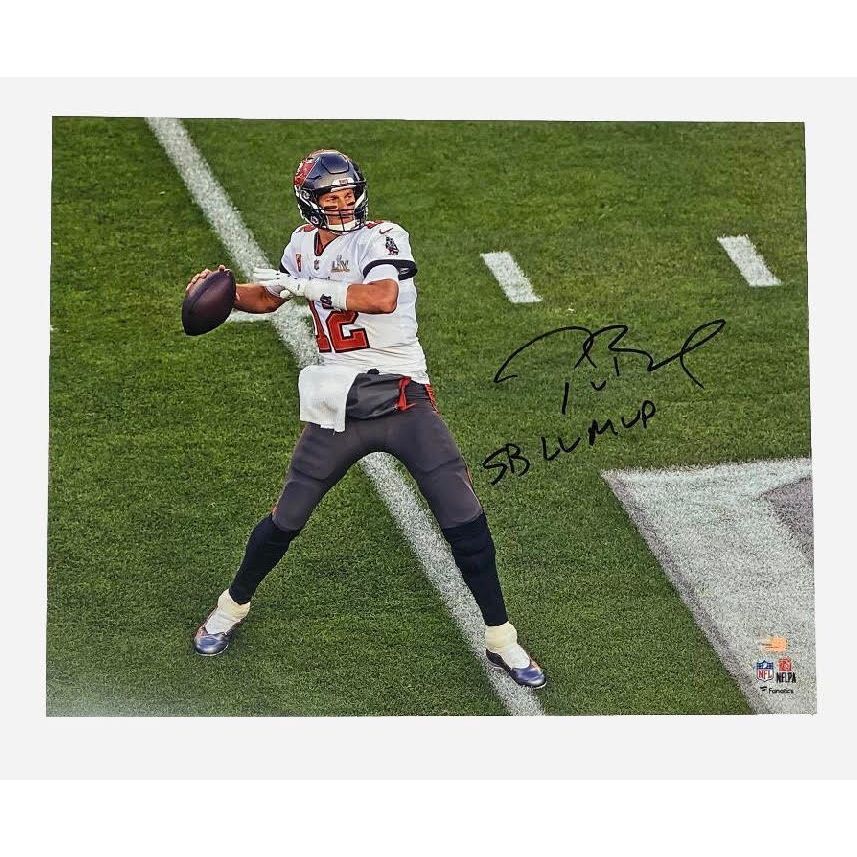 TOM BRADY Tampa Bay Buccaneers Autographed 16" x 20" Super Bowl LV Champions Super Bowl LV Action Photograph with "LV MVP" Inscription FANATICS