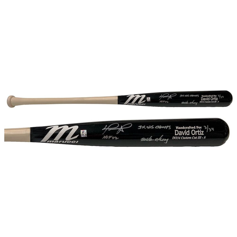 DAVID ORTIZ Autographed "HOF 22, 3x WS Champs" Game Model Bat FANATICS LE 34