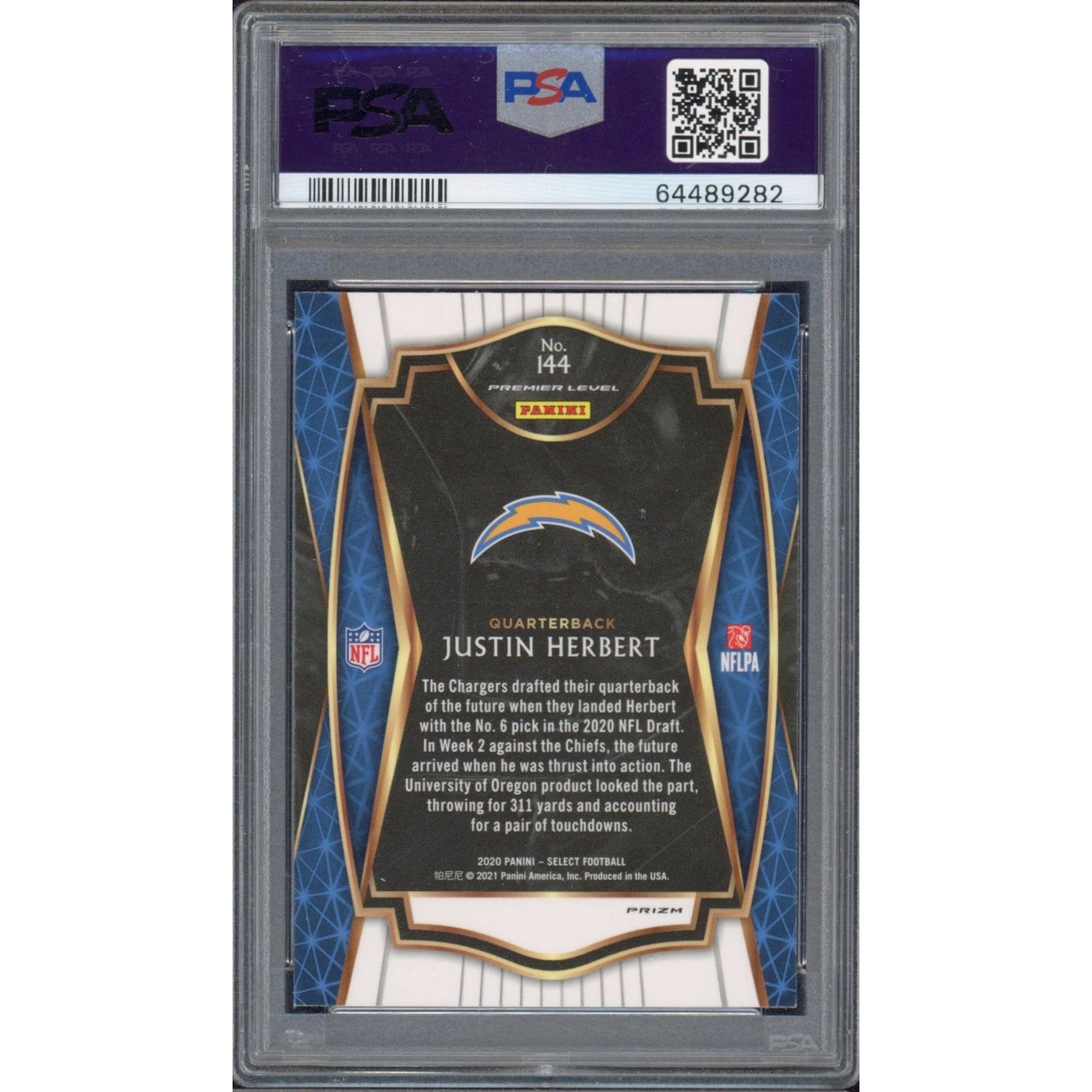JUSTIN HERBERT Los Angeles Chargers 2020 Panini Select Silver Prizm RC #144 Card PSA Gem Mint 10