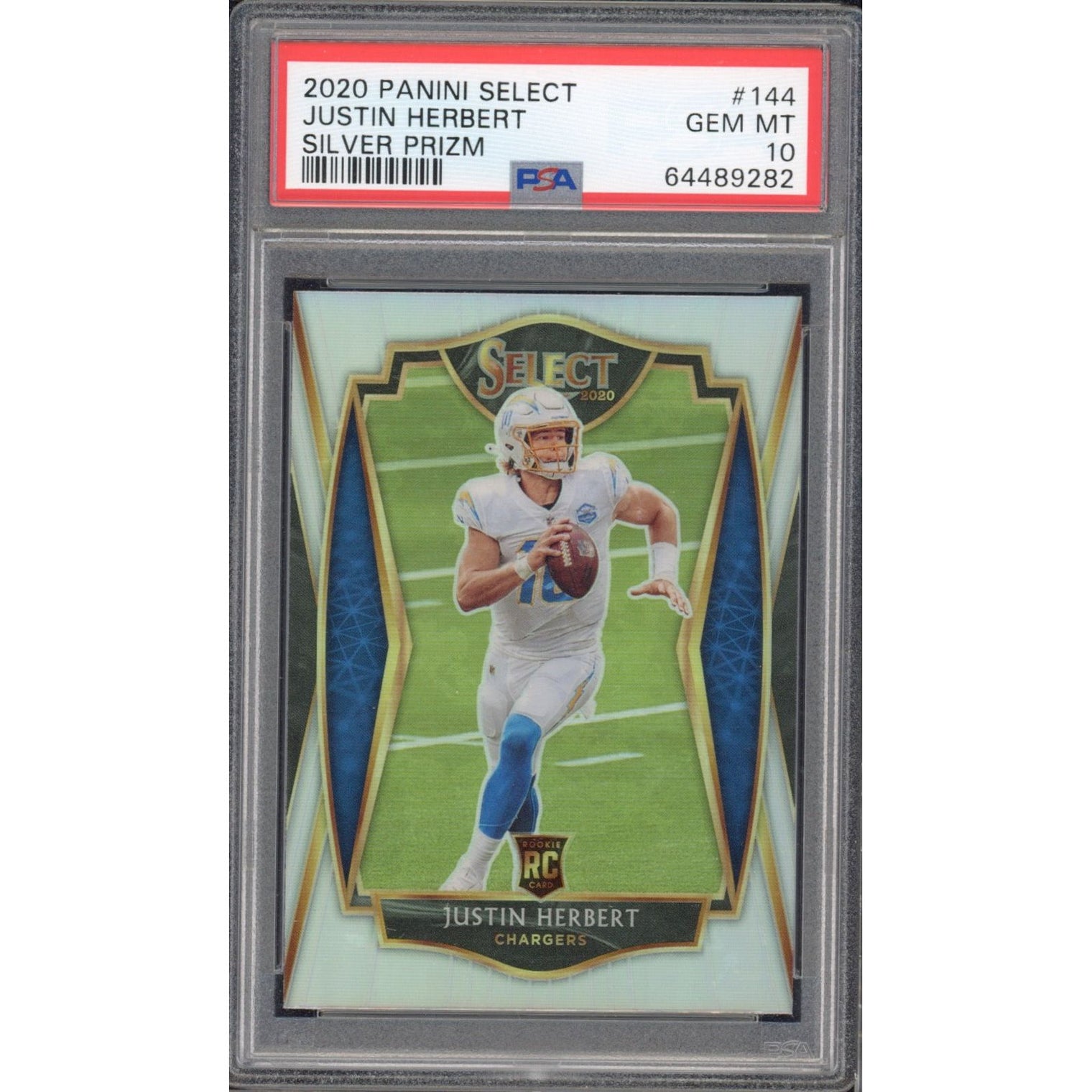 JUSTIN HERBERT Los Angeles Chargers 2020 Panini Select Silver Prizm RC #144 Card PSA Gem Mint 10