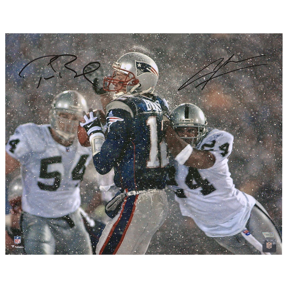 TOM BRADY / CHARLES WOODSON Autographed 16" x 20" "Tuck Game" Photo FANATICS