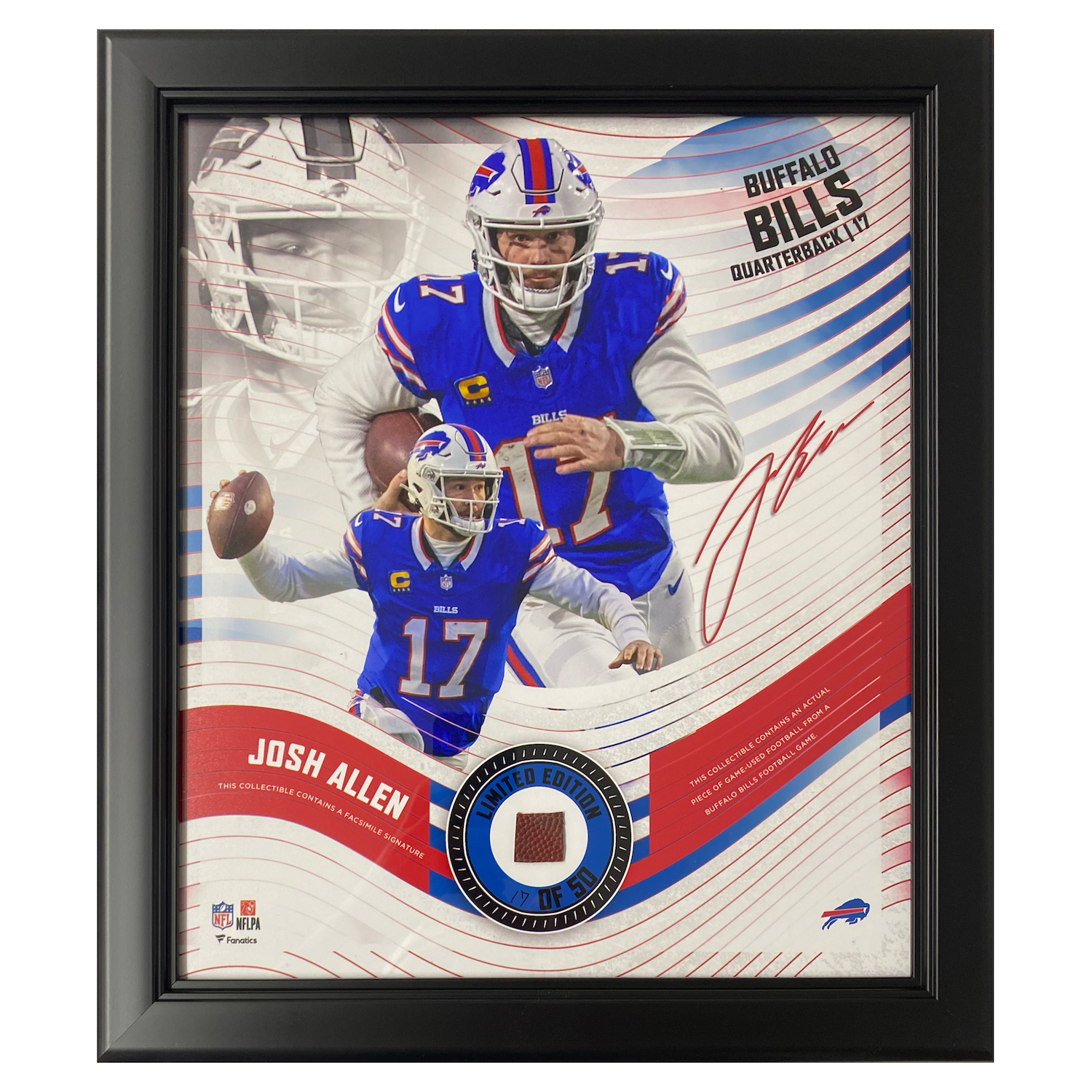Josh Allen Buffalo Bills Framed 15" x 17" Game-Used Football Collage LE 17/50