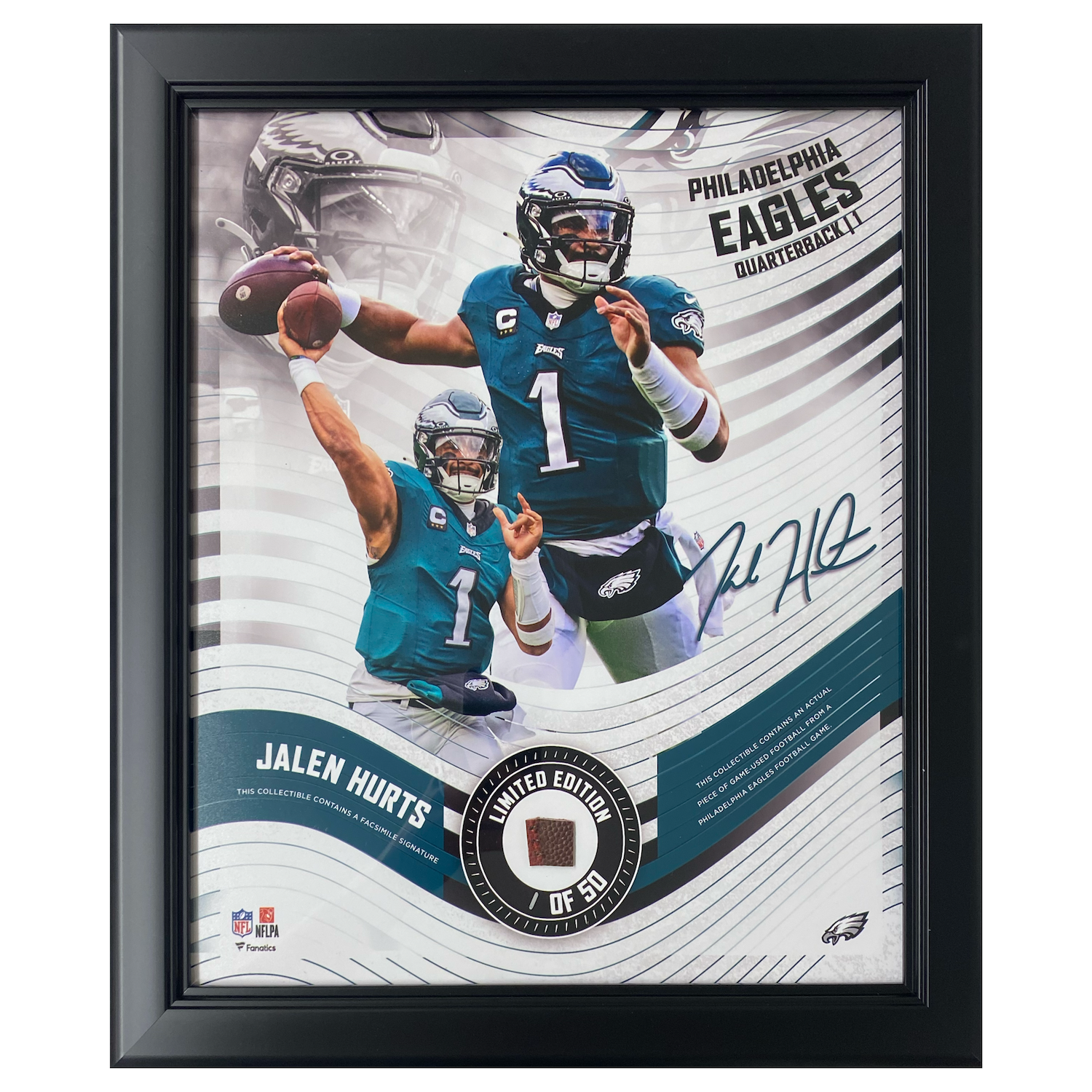 Jalen Hurts Eagles Framed 15" x 17" Game-Used Football Collage LE 1/50