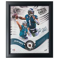 Jalen Hurts Eagles Framed 15" x 17" Game-Used Football Collage LE 1/50