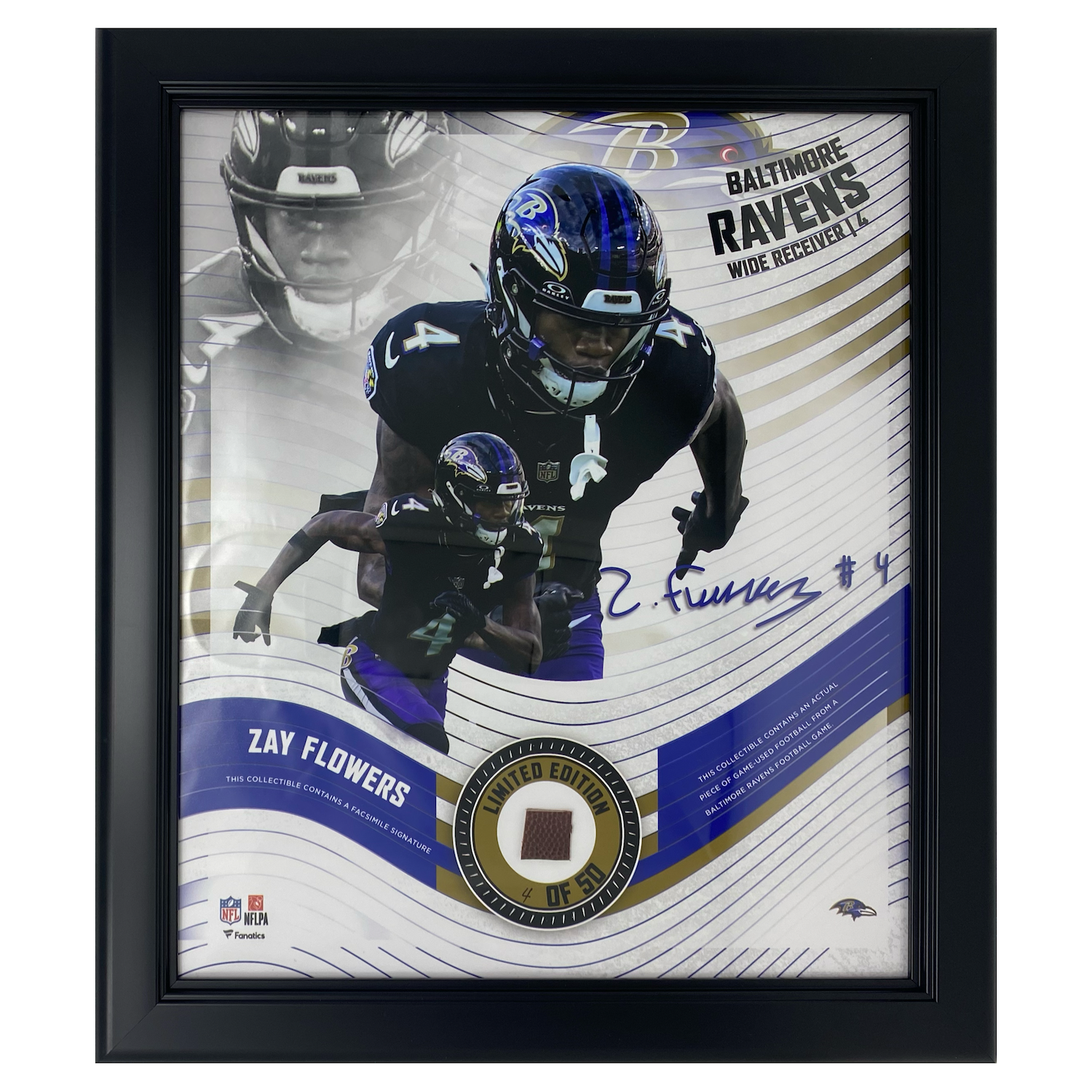 Zay Flowers Baltimore Ravens Framed 15" x 17" Game-Used Football Collage LE 4/50