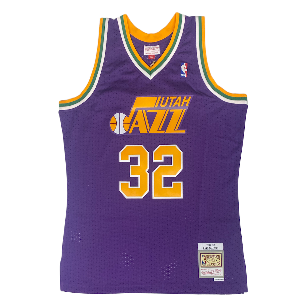 KARL MALONE Autographed Utah Jazz M&N 1991 Purple Road Jersey FANATICS