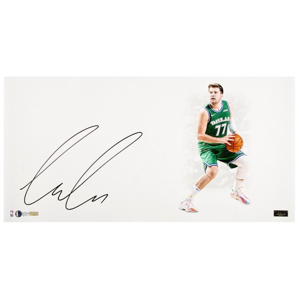 LUKA DONCIC Autographed Mavericks "White Out" 14" x 28" Photograph PANINI LE 177