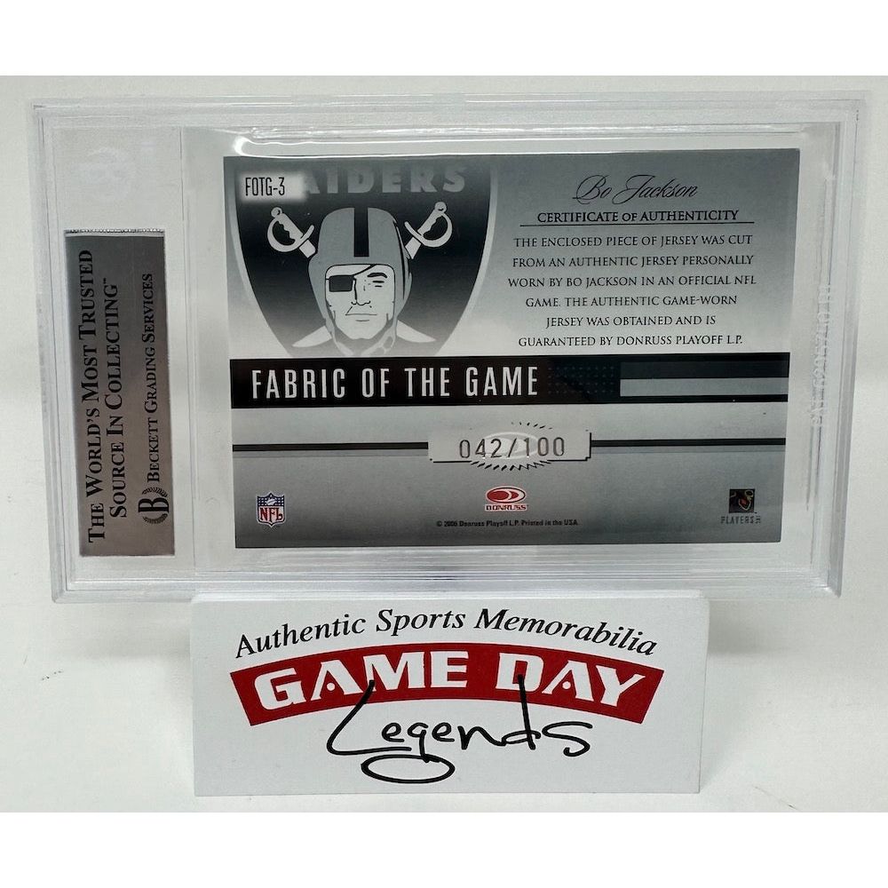 Bo Jackson Autographed Raiders 2006 Leaf Fabric of Game Jersey Card LE 42/100 Beckett