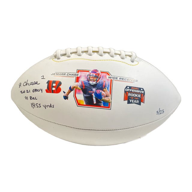 JA'MARR CHASE Autographed Cincinnati Bengals "2021 OROY" Stat White Panel Football FANATICS LE 25