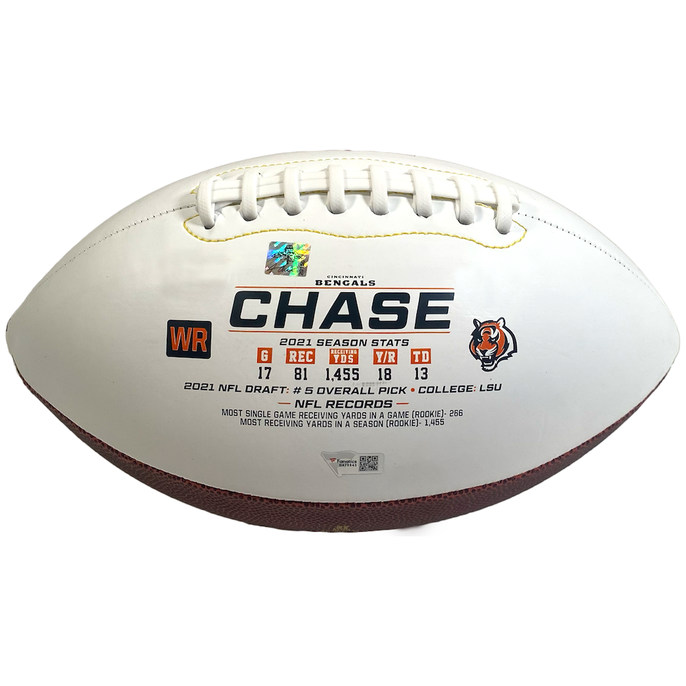 JA'MARR CHASE Autographed Cincinnati Bengals "2021 OROY" Stat White Panel Football FANATICS LE 25