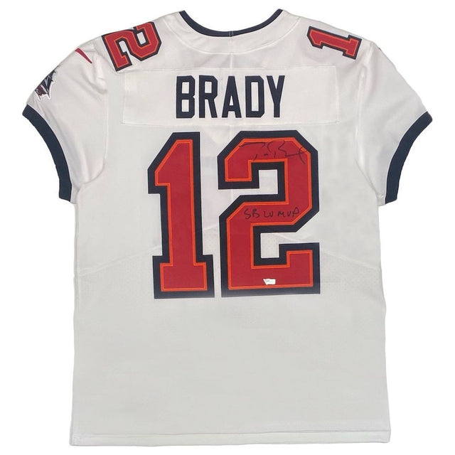TOM BRADY Autographed "SB LV MVP" White SB Patch Bucs Nike Elite Jersey FANATICS