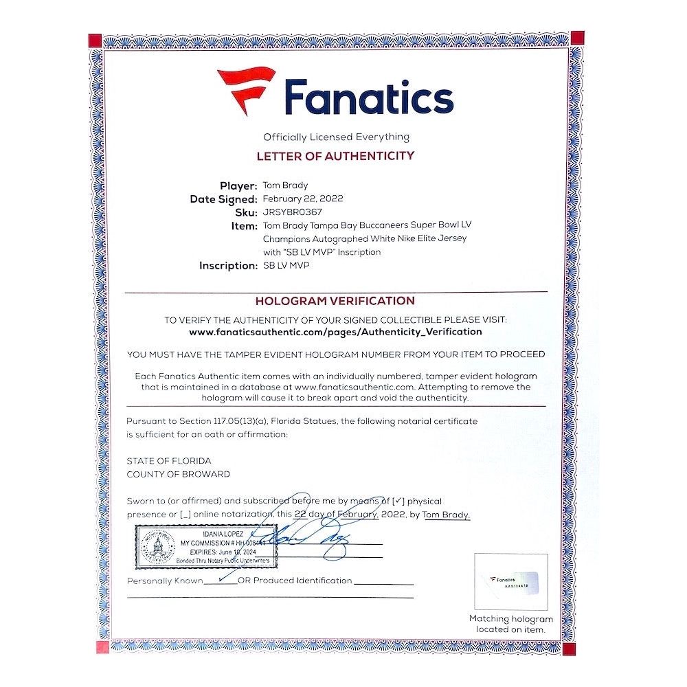 TOM BRADY Autographed "SB LV MVP" White SB Patch Bucs Nike Elite Jersey FANATICS