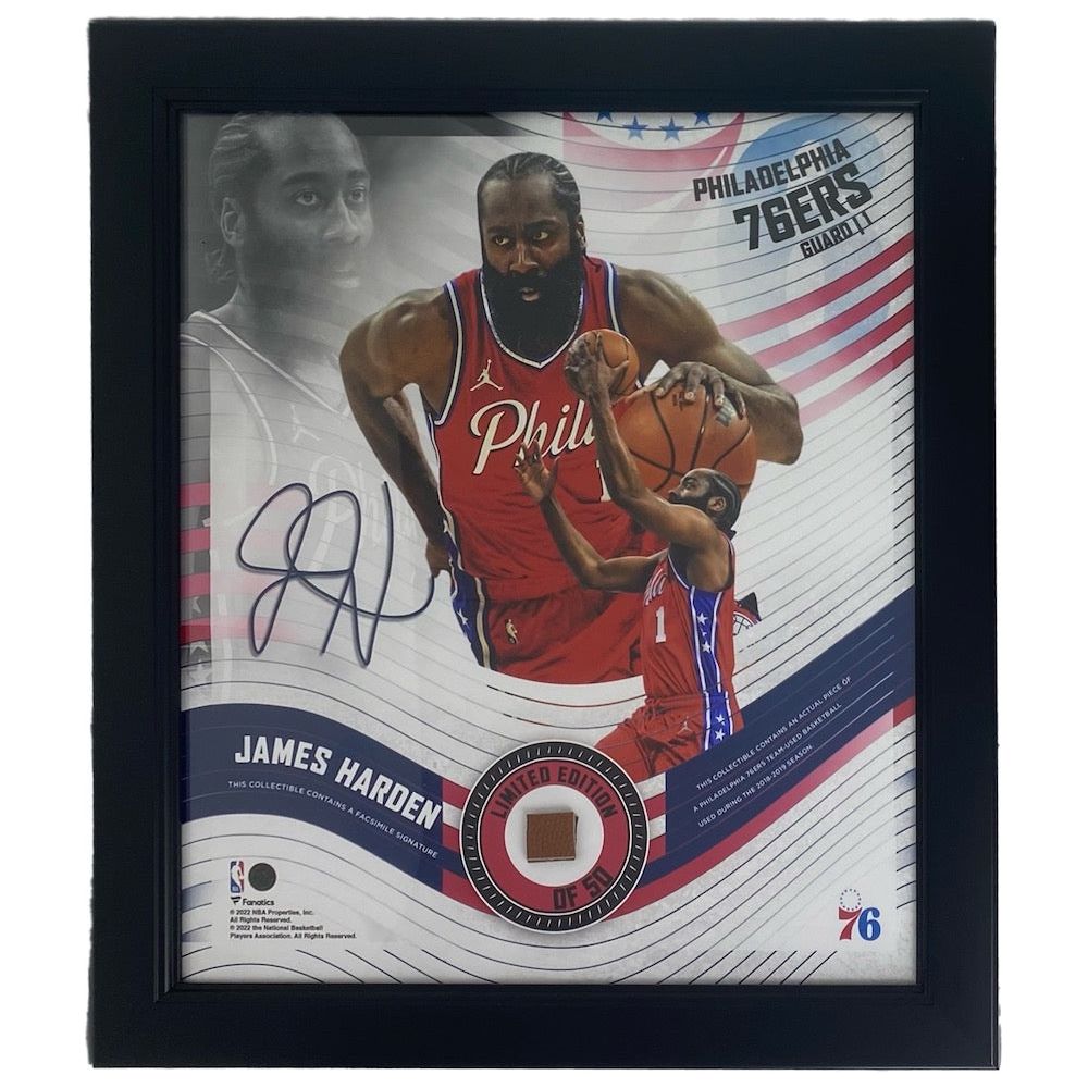 JAMES HARDEN 76ers Framed 15" x 17" Game Used Basketball Collage LE 50