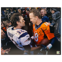 TOM BRADY / PEYTON MANNING Autographed 16" x 20" "Handshake" Photo FANATICS