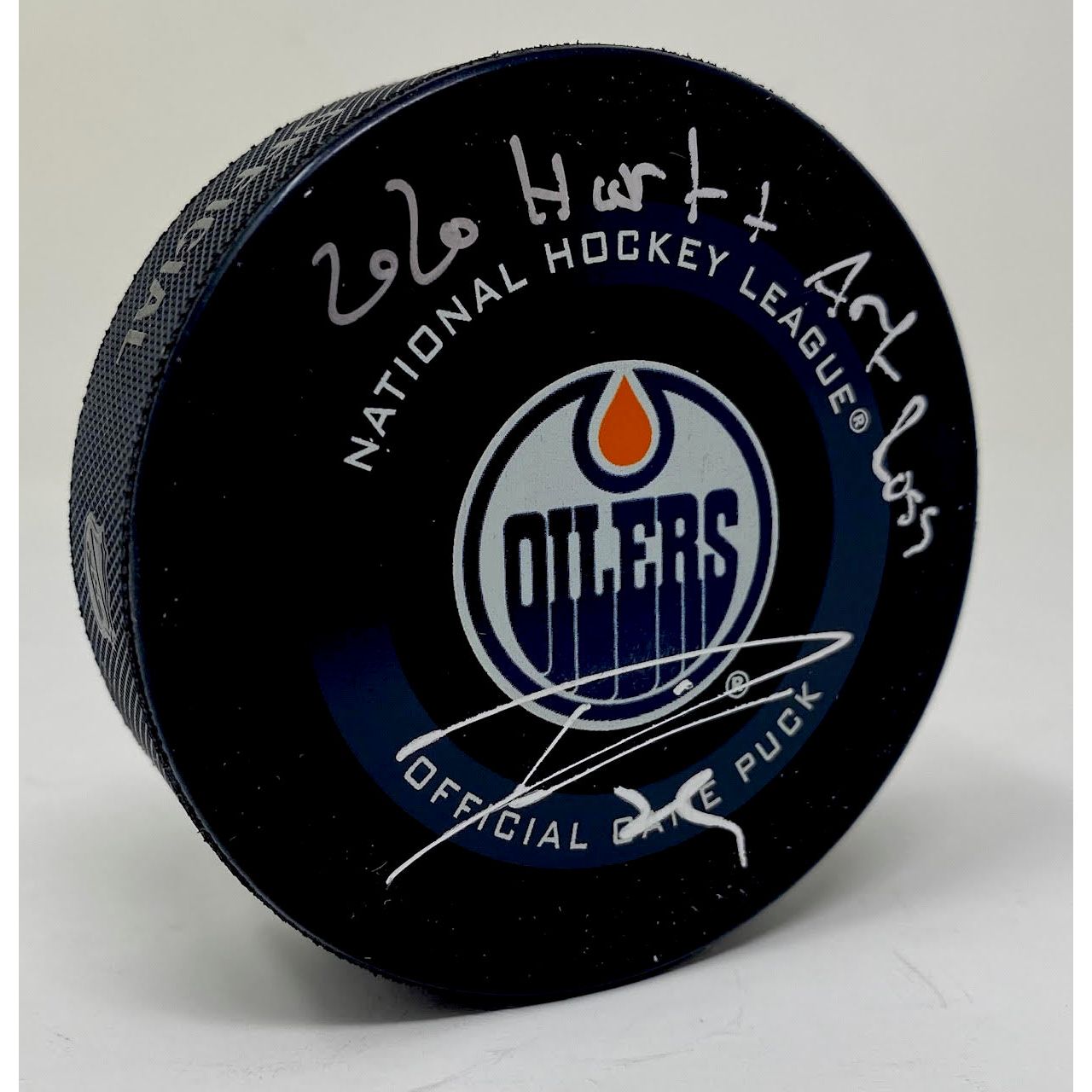 LEON DRAISAITL Autographed Edmonton Oilers "2020 HART & Art Ross" Official Game Puck FANATICS