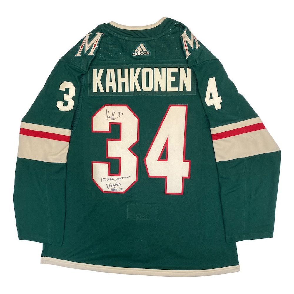 KAAPO KAHKONEN Autographed Minnesota Wild "1st NHL Shutout 1/22/21" Jersey FANATICS LE 34