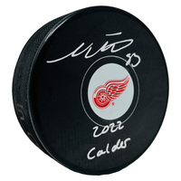 MORITZ SEIDER Autographed "2022 Calder" Red Wings Logo Hockey Puck FANATICS